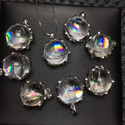 1 Pc Fengbaowu Natural Rainbow Rock Quartz Sphere Pendant 925 Sterling Silver Reiki Healing Stone Jewelry Gift For Women Men