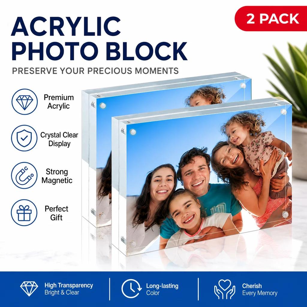 

2 Pack Acrylic Photo Frame Horizontal Magnet Double Sided Acrylic Frames,12 + 12MM Thickness Clear Picture Frame Desktop Display