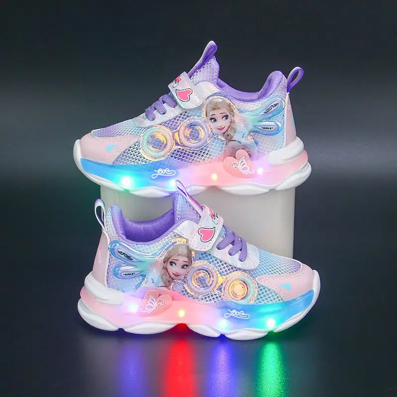 Disney Princess Elsa sports shoes led flashing light casual shoes new mesh surface breathable student running shoes