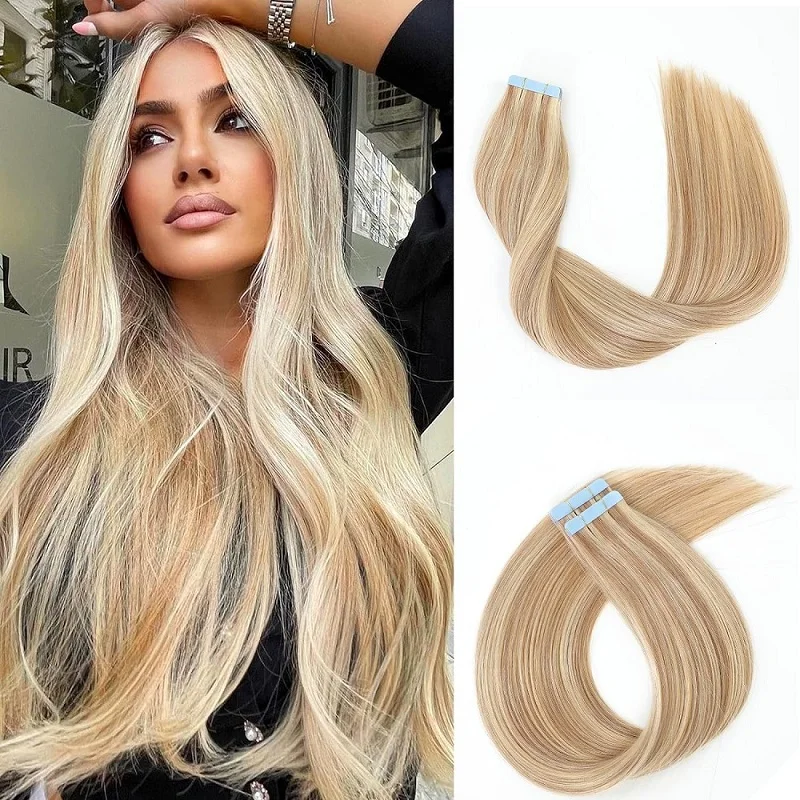 Alimice Tape In Hair Extensions Human Hair Invisible Seamless Ash Blonde And 613 Blonde Remy Human Hair Extensions 50g 20pcs