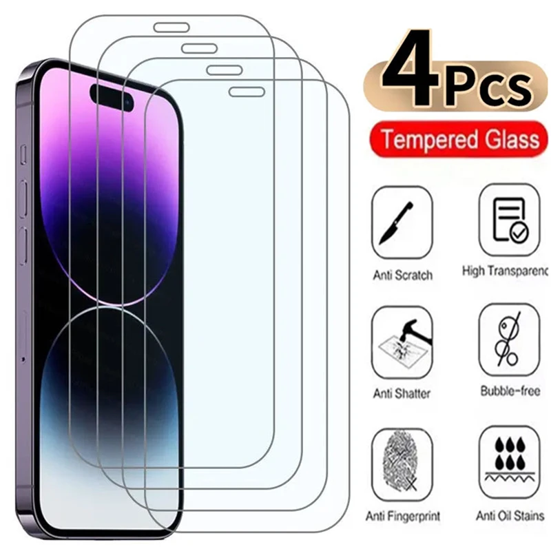 

4PCS Protective Glass For iPhone 15 14 13 12 11 Pro Max Mini Screen Protector For iPhone X XR XS Max 14 15 PLUS Tempered Glass