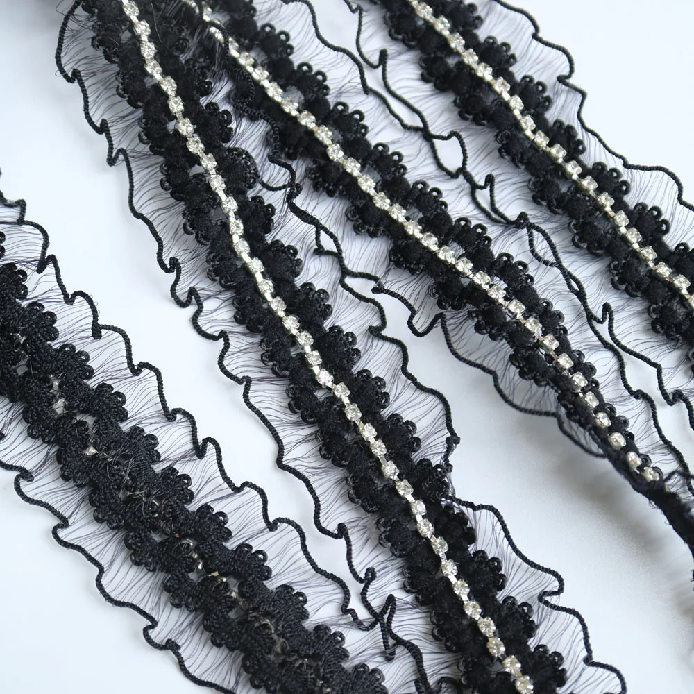 5yards Rhinestone beaded black lace trims for clothes Sewing lace trimming ribbon for DIY clothes accessories