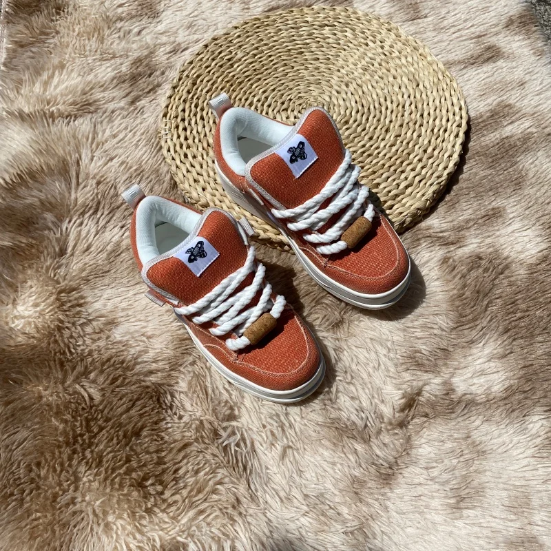 Orange Canvas Platform Skate Shoes Unisex Thick Sole Height Increasing Sneakers Large Size Thick Rope Laces Street Footwear