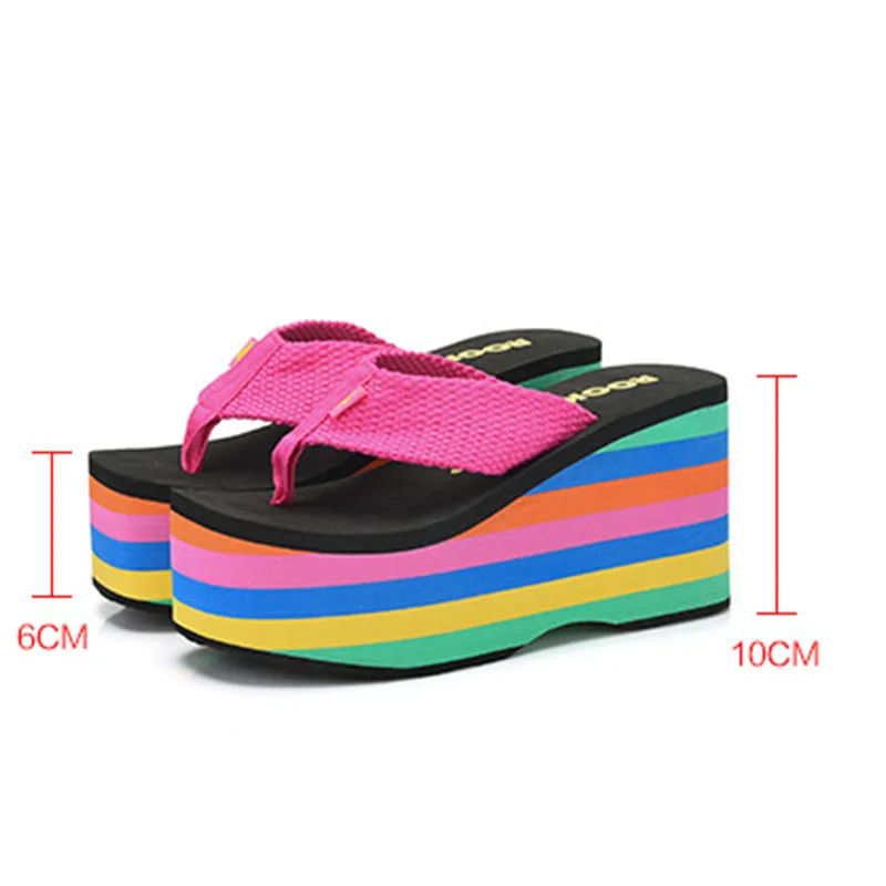 New Summer Women Slippers Rainbow Wedges Beach Flip Flops Ladies Outdoor 10CM High Heels Platform Slipper Fashaion Slides Shoes