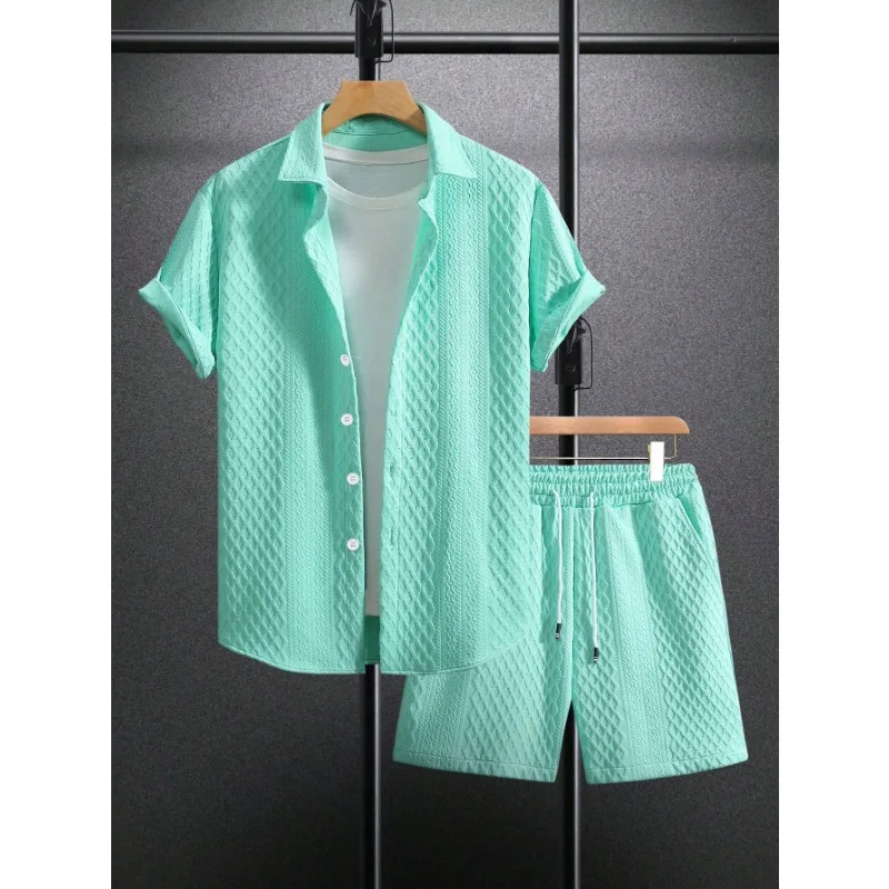 Men's Textured 2 Piece Outfit Short Sleeve Shirt and Drawstring Shorts Set view 6