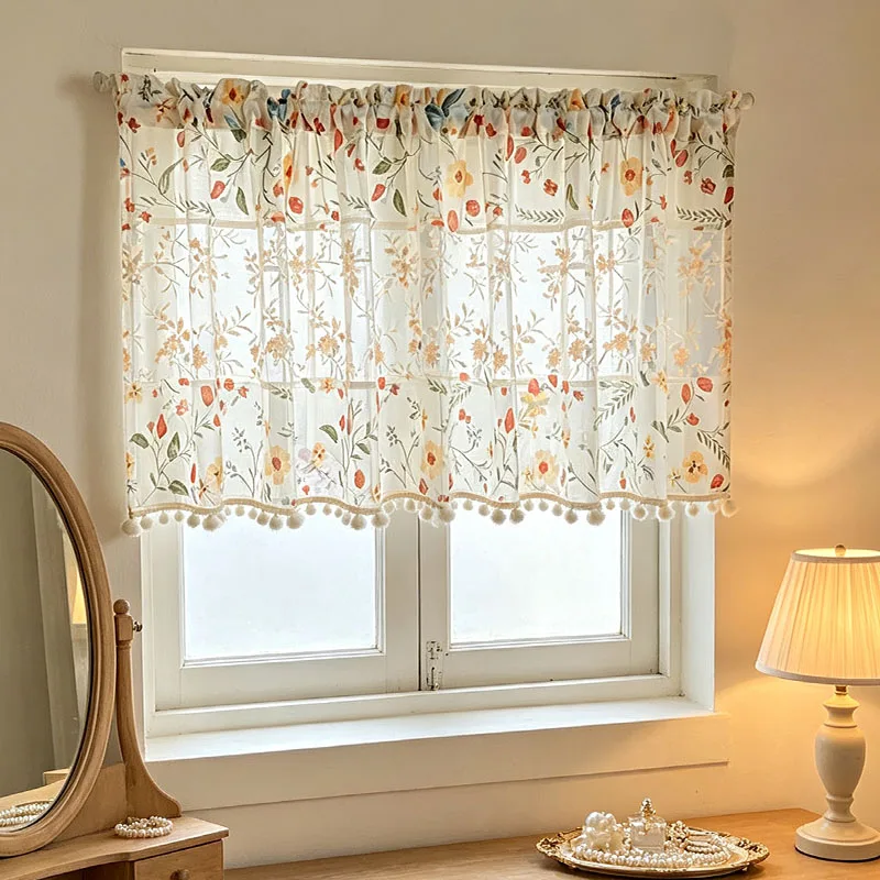 1pc Cottagecore Spliced Cafe Curtain, Terylene Colorful Floral, 3D Orange Mesh Embroidery, Cream Pom‑pom Tassel for Home Decor