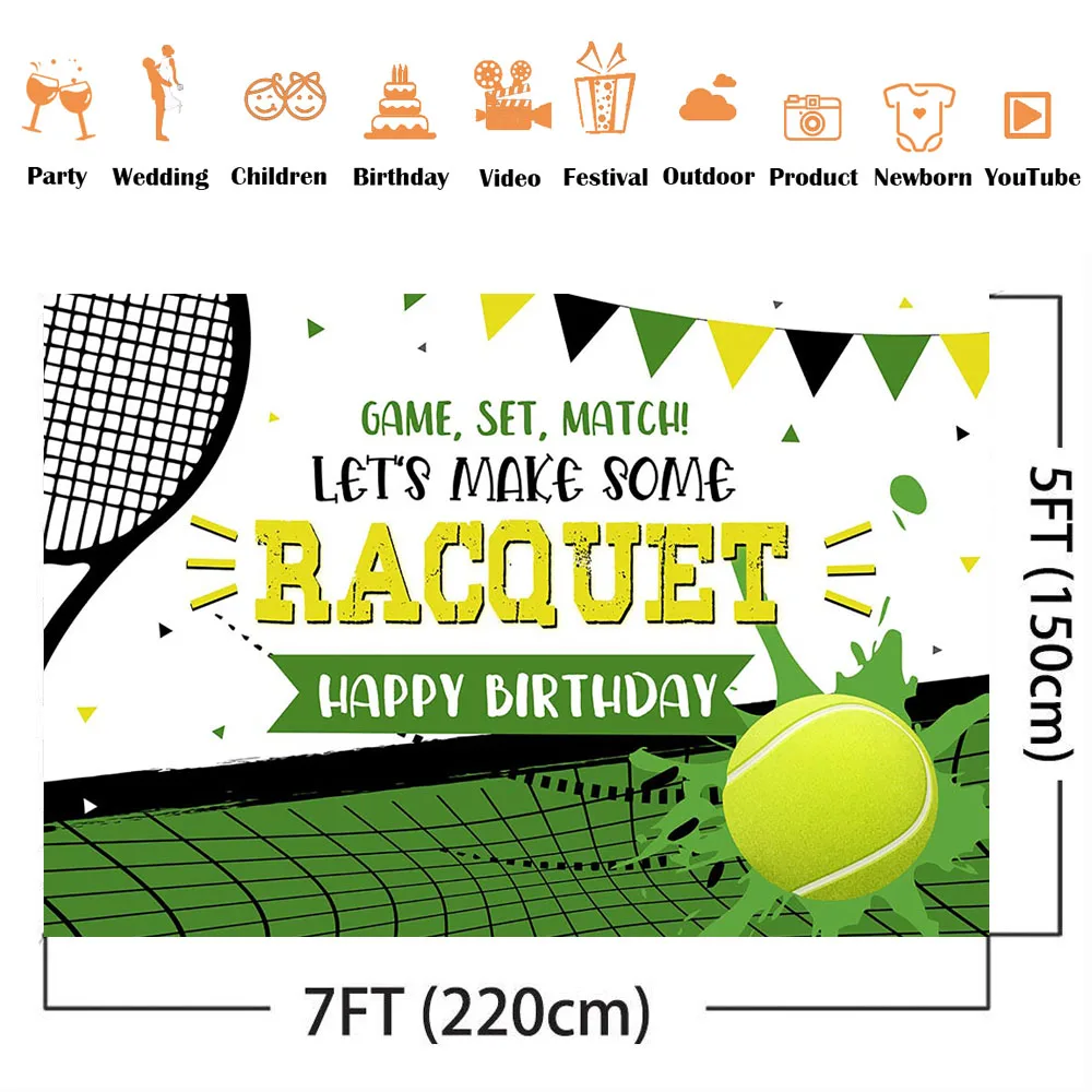 Tennis Balls Happy Birthday Backdrop for Party Decoration Racquet Net Volley Match Court Forehand Backhand Photo Background