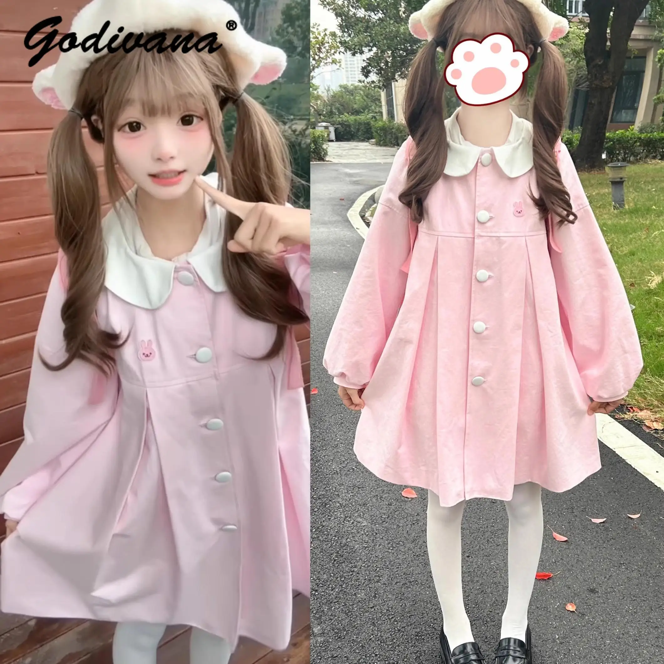 Girls Cute Coat New Spring Sweet Doll Collar Kindergarten Seal Embroidery Loose Dress Autumn Women's Kawaii Long Sleeve Lo Dress