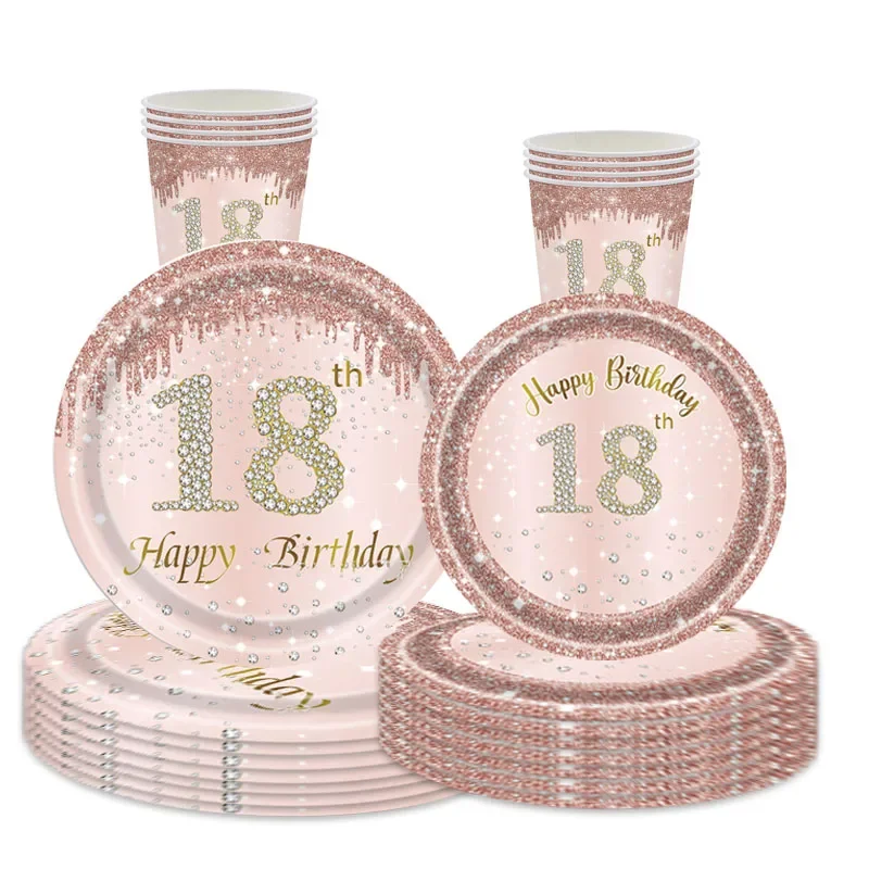 

8pcs Rose Gold 18 Year Old Tableware Set 18 Years Shiny Crystal Tablecover Paper Plate Happy 18th Princess Birthday Party Decors