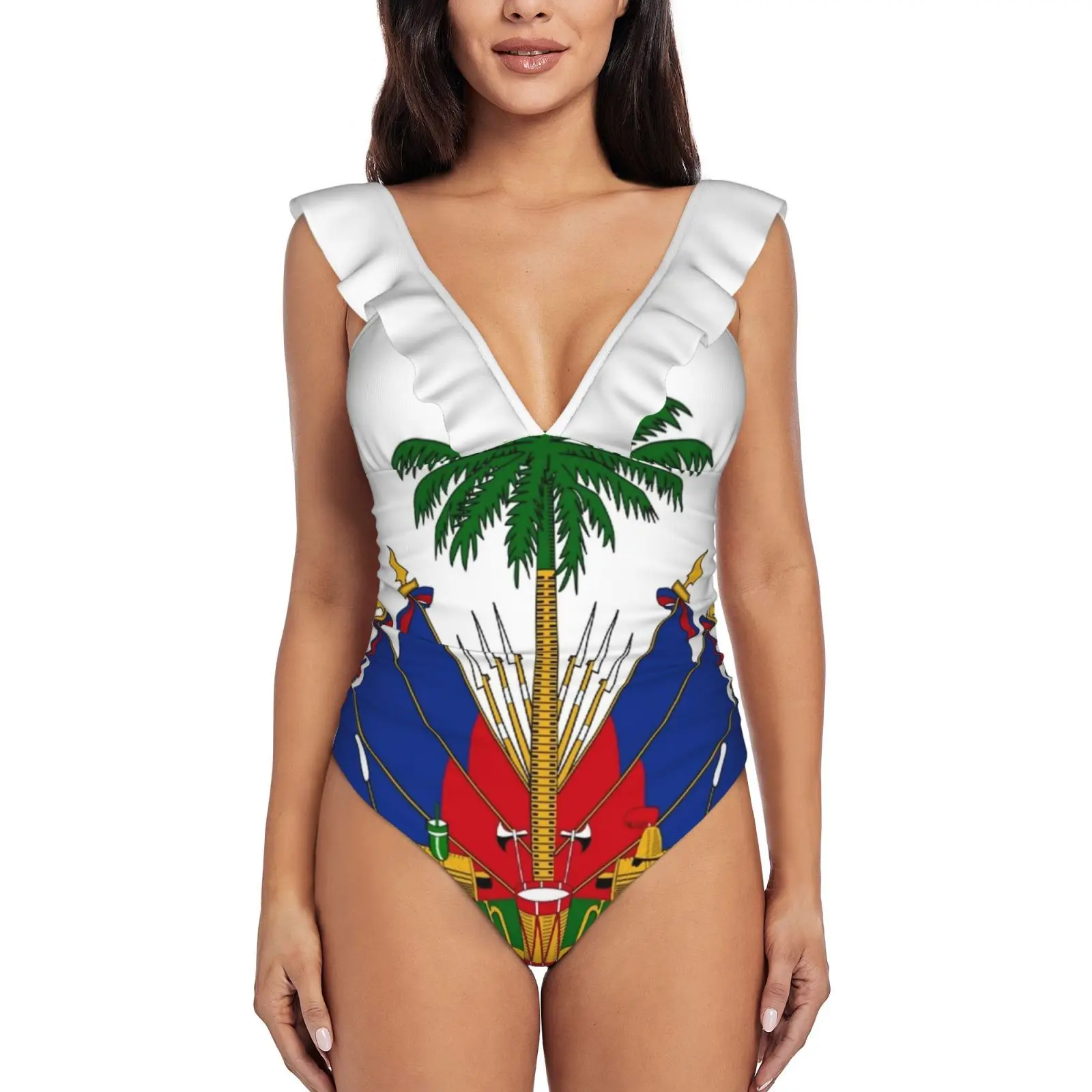 

Haiti Sexy One Piece Swimsuit Women Ruffled Swimwear Women Print Monokini Female Beachwear Haiti Palmis Haitian Viral Embleme