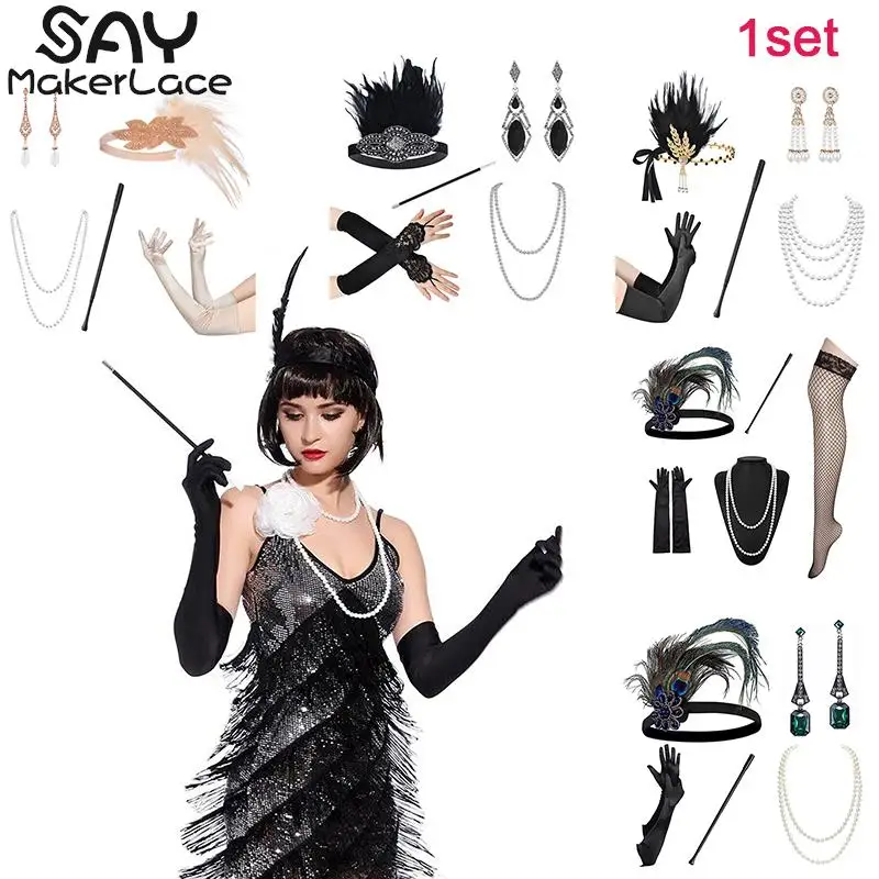 

1set 1920's Cosplay Feather Headband Flapper Black Headpiece Great Gatsby Halloween Charleston Costume 1920s Gatsby Accessories