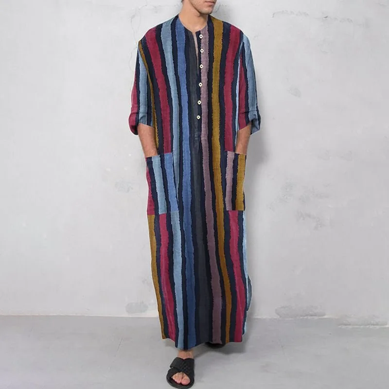 Men's Striped Muslim Thobe Long Sleeve Button Robe with Pockets Summer Loose Fit Islamic Kaftan Lightweight Jubba Thobe