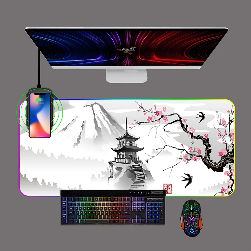 

Japanese Cherry Blossom Sakura Pagoda Wireless charging phone Mousepad Gaming Mouse Pad RGB LED Office Mat Computer Keyboard mat