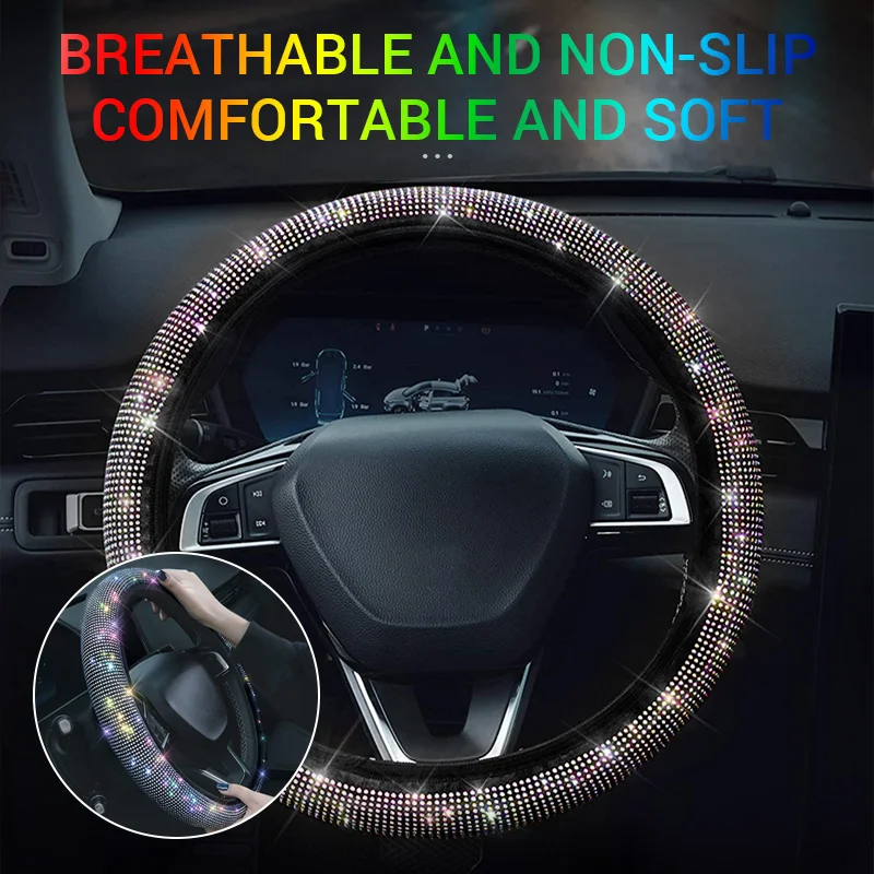 Diamond Car Steering Wheel Cover With Bling Bling Crystal Rhinestones Sparkling Universal Steer Wheel Protector For Women Girls