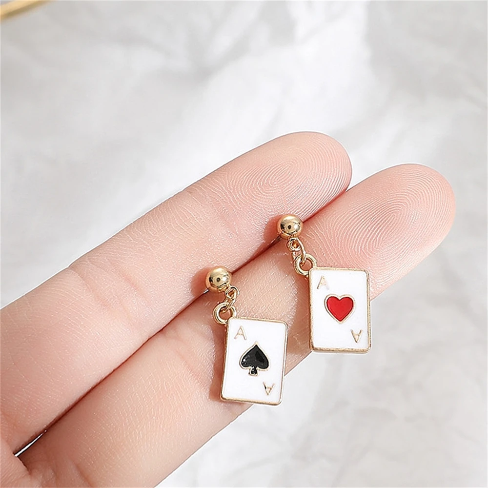 Asymmetric Clock Playing Card Earrings for Women Girls Red Heart Spade Poker Pendant Ear Accessories Jewelry Gifts