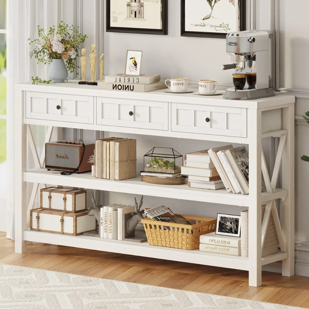 Mesa de sofá rústica de madera y metal con 3 cajones para sala de estar, mesa de sofá moderna detrás del sofá (54,72 pulgadas de largo, roble blanco)