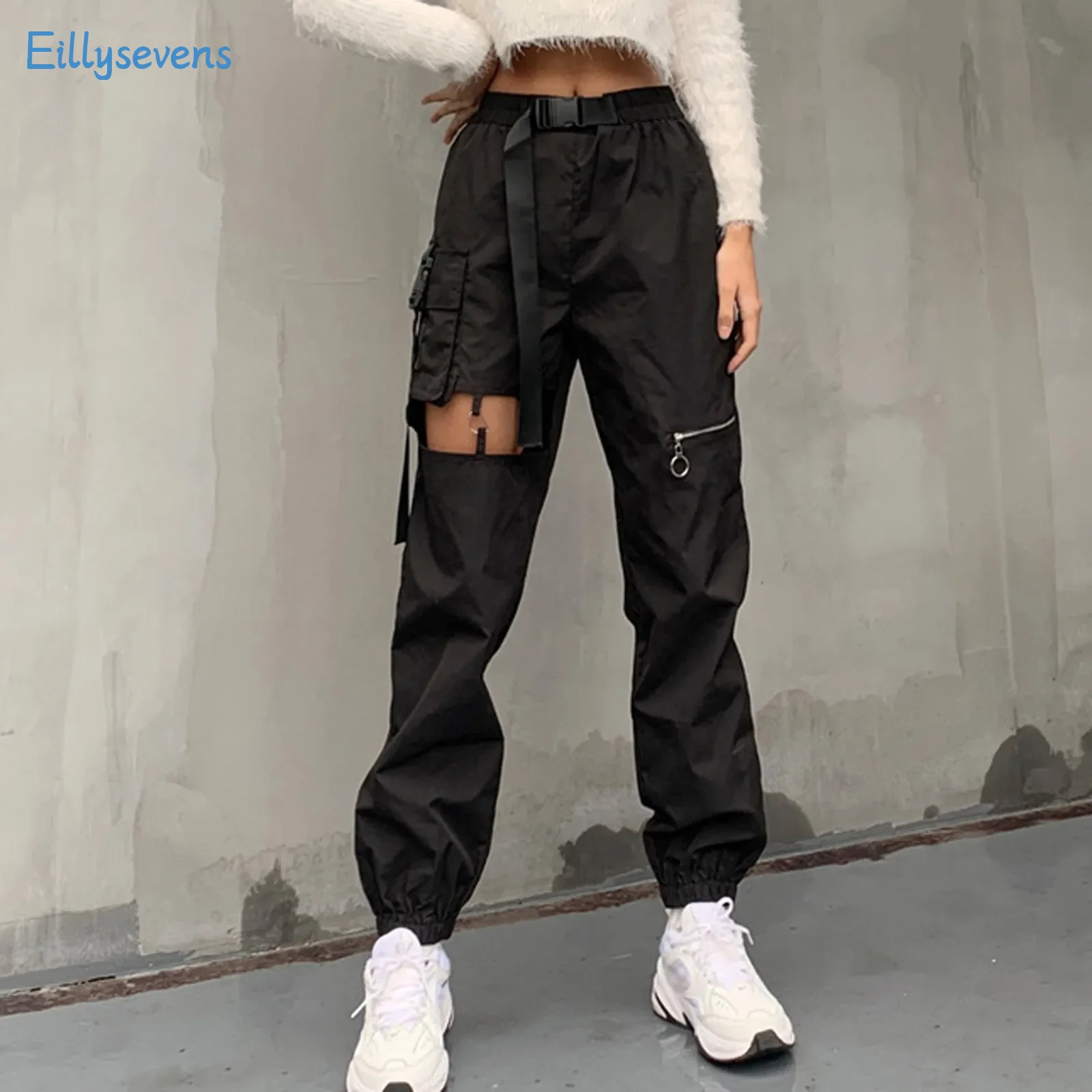 

Ladies Hollow Punk Cargo Pants Fashion Trend Belt Buckle High Waist Zipper Casual Pants Daily Causal Street Style Dance Pants