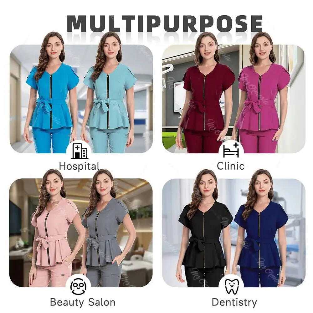

Women Scrubs Set Zipper Collar Beauty Clothes High Quality Anti Wrinkle Medical Uniforms Soft Comfortable Fashion Nurse Workwear