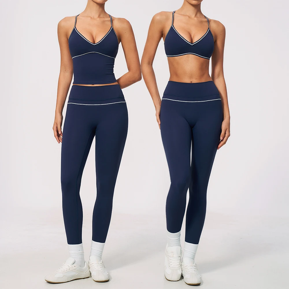 Women 2 Piece Yoga Set V Neck Longline Crop Top and V Back Leggings Butt Lifting Workout Gym Suit Contrast Piping Activewear Set