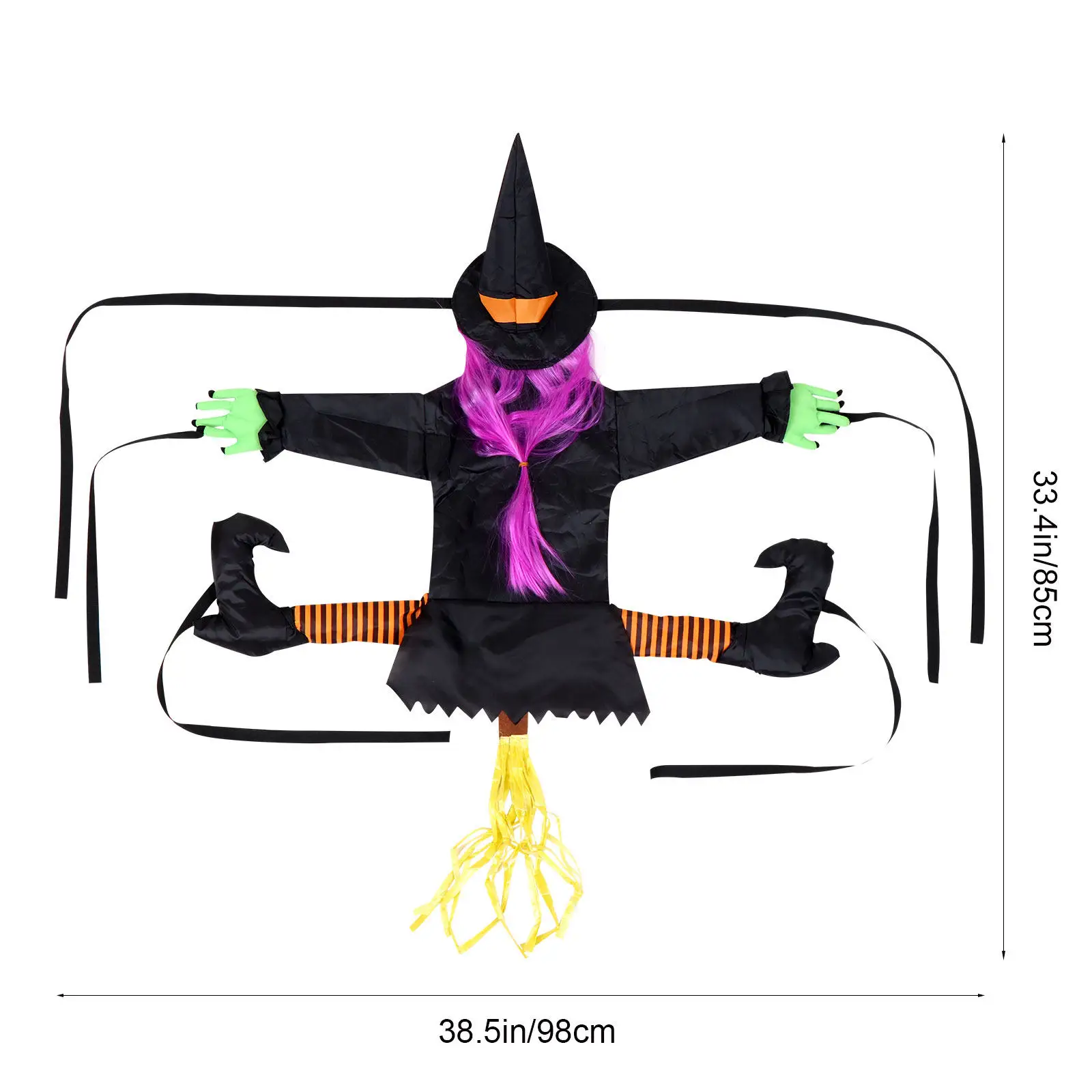 Crashed Witch Outdoor Decoration Purple Hair Green Hands Dropping Broom Halloween Prop Tree Porch Yard Witch Ornament Funny