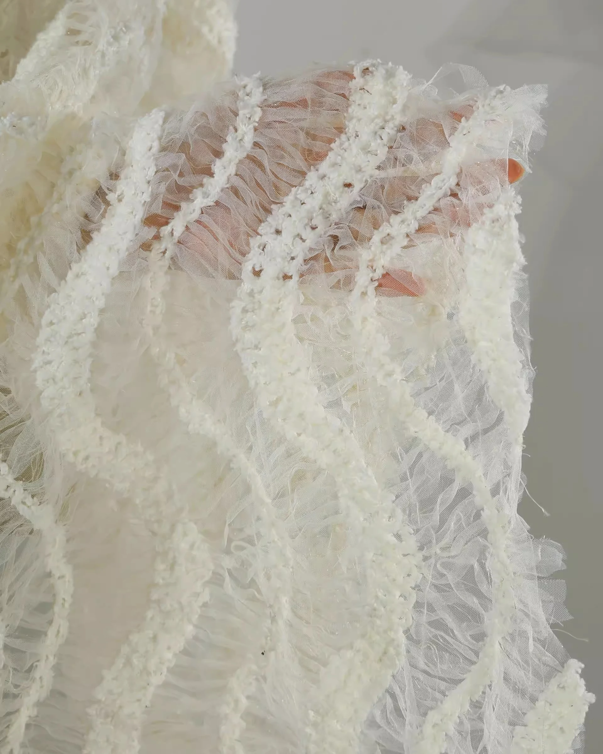 1yard Exquisite Fish Bone Beach Weaving Embroidery tela luxury Gauze Fabrics DIY Wedding Dress Cheongsam fabric for sewing