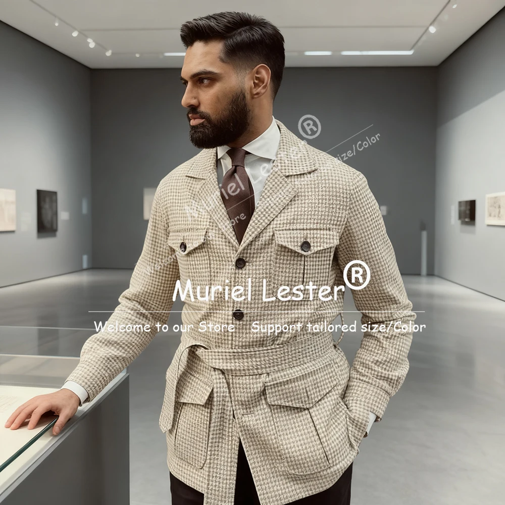 

Classic Houndstooth Men's Suit Jackets Safari Style Single Breasted Prom Blazers Customized Man Business Party Coat Outfits