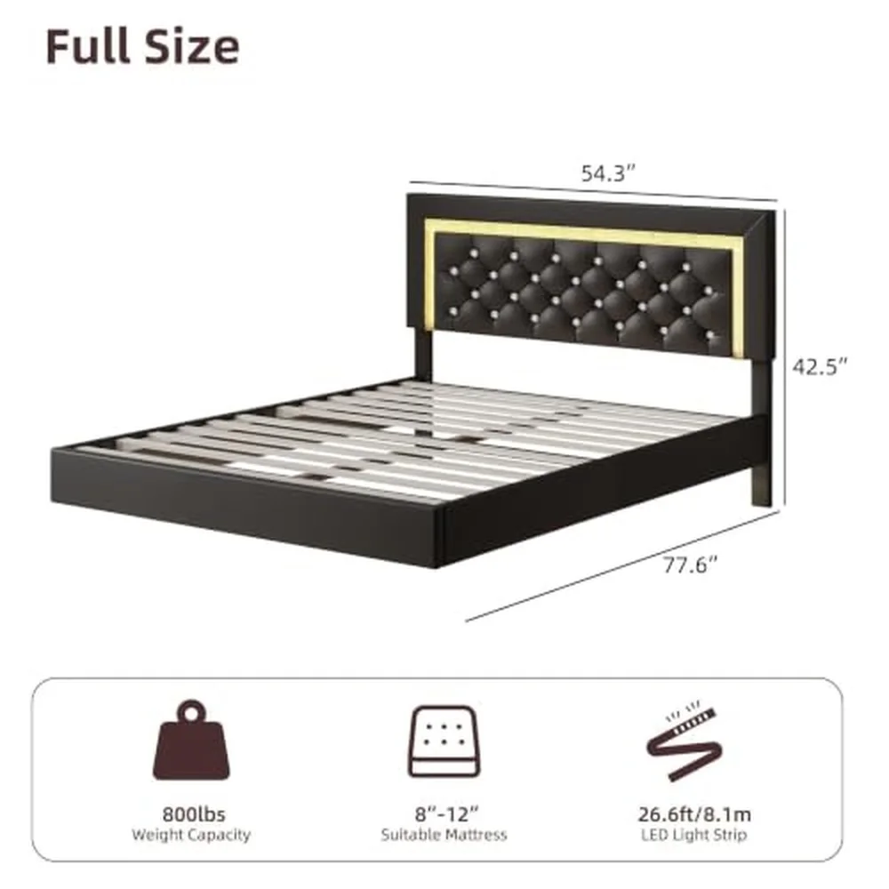 Floating Bed Frame Full with LED Lights and Diamond Headboard Balck