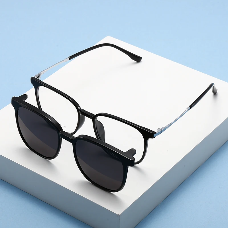 KIZN 2 in 1 女性近視メガネビッグフレーム偏光光学メタルサングラスマグネットクリップ処方眼鏡-0.50 ～ -6.0