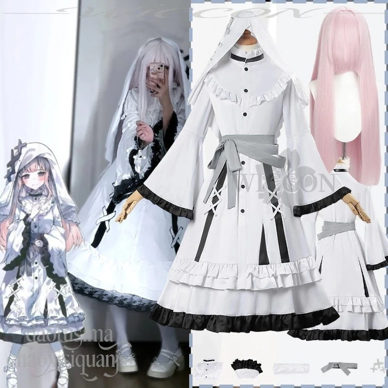 

Hikami Meruru Mahou Shoujo No Majo Saiban, наряд для косплея, милая белая монахиня, кружевное платье Лолиты, парик, шляпа, аниме-костюм на Хэллоуин