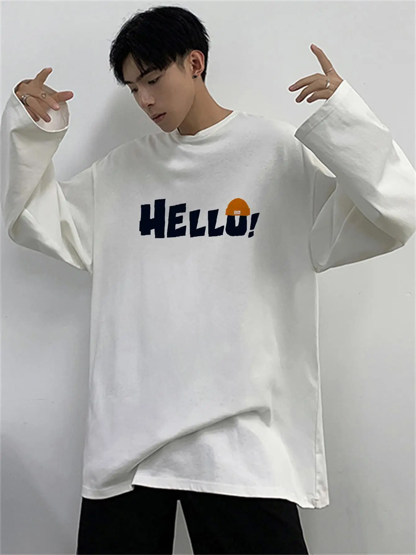 Kpop Funny Say Hello Graphic Men T-shirts Long Sleeve Pure Cotton Autumn Clothing Tees Crew Neck Streetwear Y2k Male Tops Loose