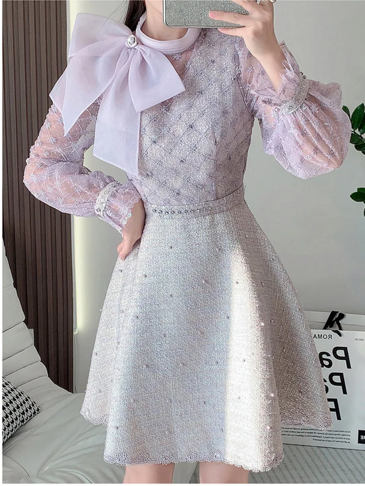 Spring Autumn Elegant Purple Bubble Long Sleeve Stand Collar Lace Stitching Tweed Dress Sweet Bowknot Beading Embroidery Dress