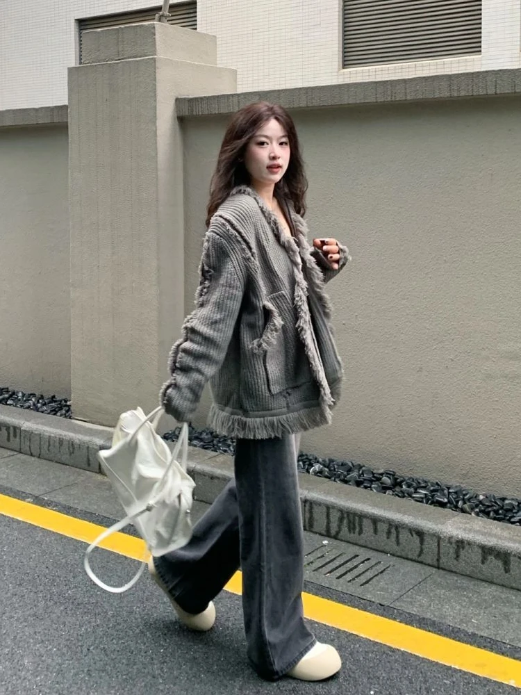 

Ladies Knitted Tassel Sweater Cardigan Mid-Length Outerwear Long Sleeve Loose Fit Regular Thickness Korean Style Commute Wind