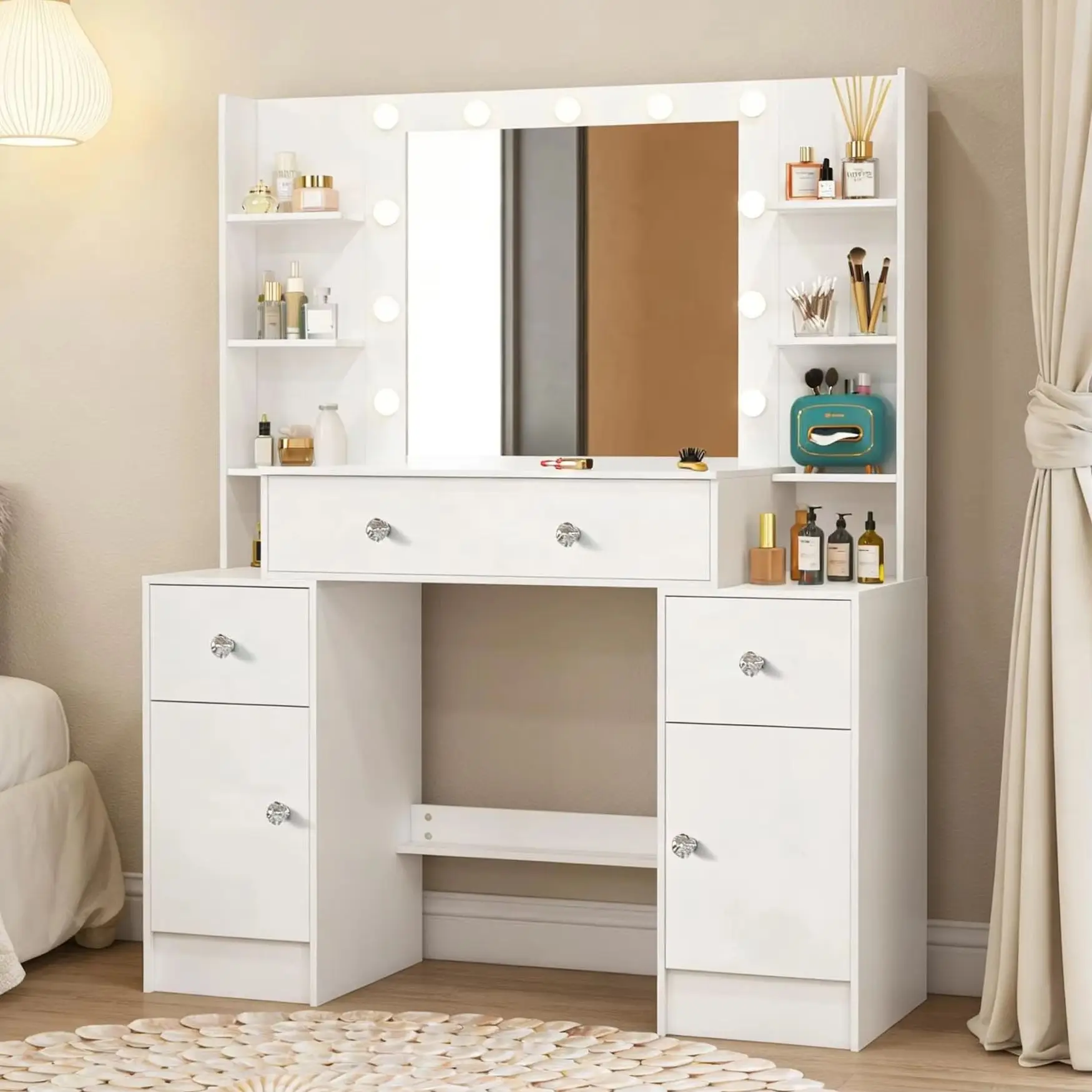 Teousev White Hollywood Vanity Set 11-bulb LED Lighted Mirror Adjustable