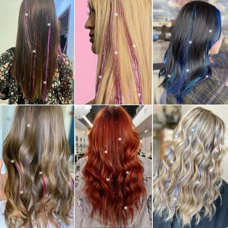 6 Piezas por Set de 38 Pulgadas, Tinsel de Cabello Largo Brillante Arcoíris, Adecuado para Trenzas y Colas de Caballo, Mechones Brillantes 5