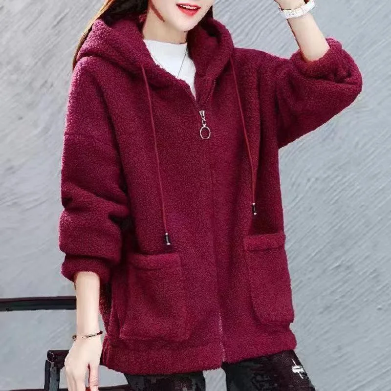 Suéter con capucha de lana para mujer, cárdigan de Cachemira de cordero sólido, chaqueta de abrigo informal de felpa para mujer, Tops de algodón de manga larga para Otoño e Invierno