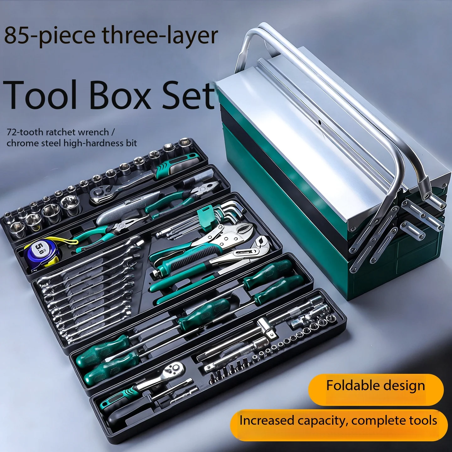 85-Piece Three-Layer Toolbox Set Hex Wrench Socket Wrench Sets Hand Tools Chromium-Vanadium Steel Professional-Grade Repair Kit