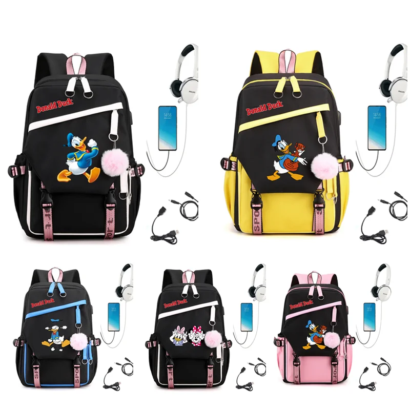 MINISO  Donald Duck Compartment USB Charging Schoolbag Male and Female Student Laptop Backpack Large Capacity School Bag Mochila