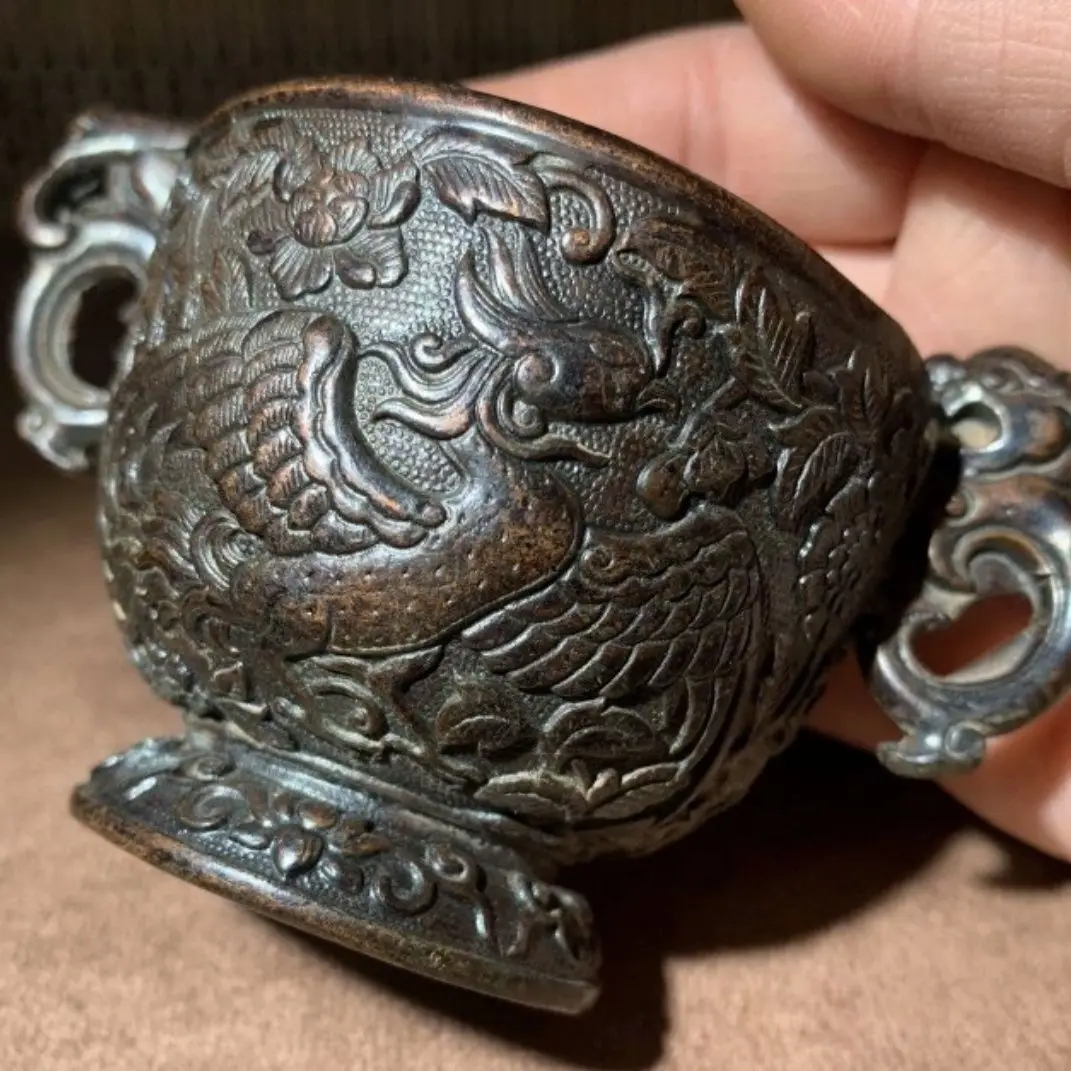 Retro unearthed double dragon phoenix bird pattern master cup Qianlong copper incense burner copper alloy antique old object orn