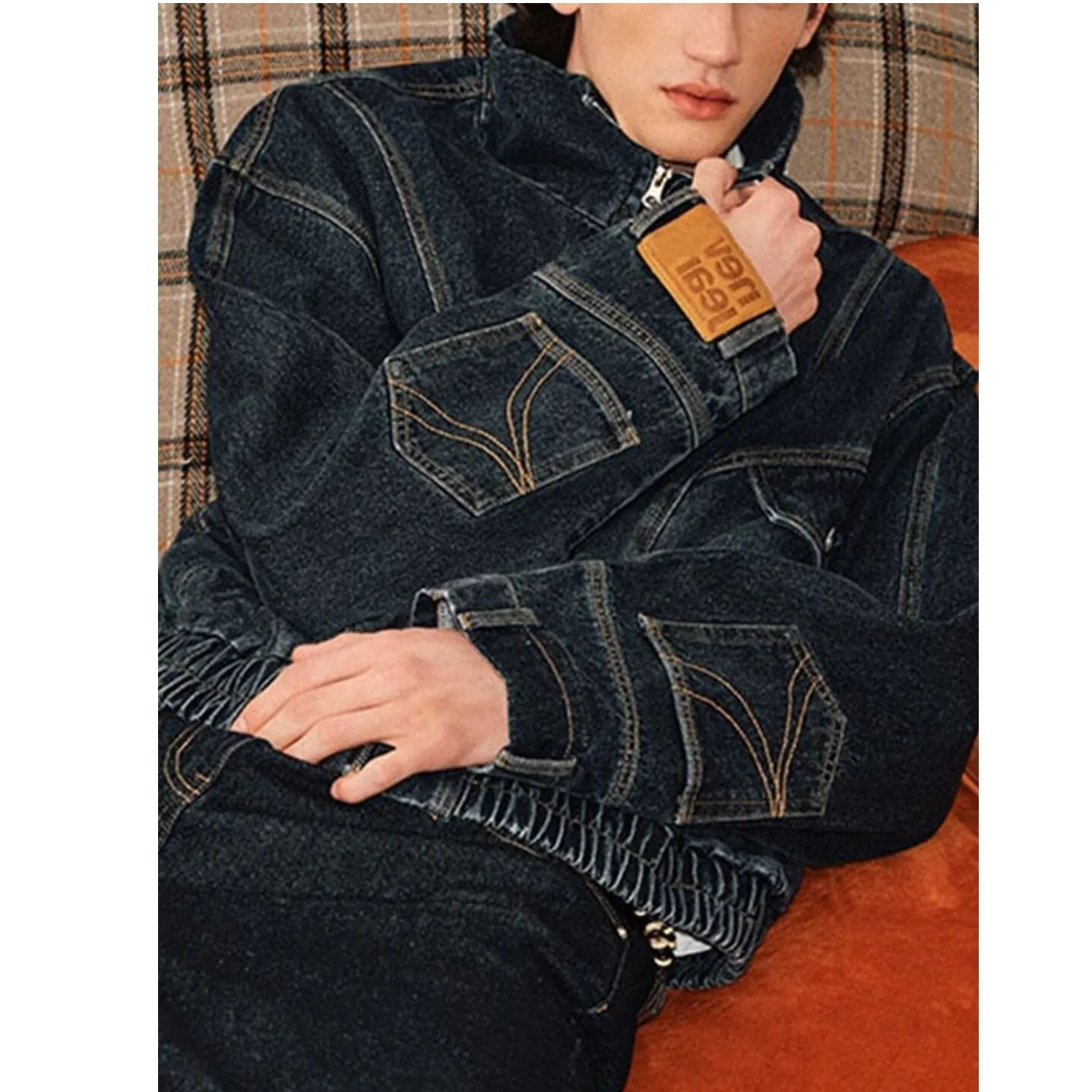 

Постиранная тяжелая промышленность, свободная джинсовая куртка с обратным разрезом, мужская и женская американская уличная куртка Blouson Homme 2025