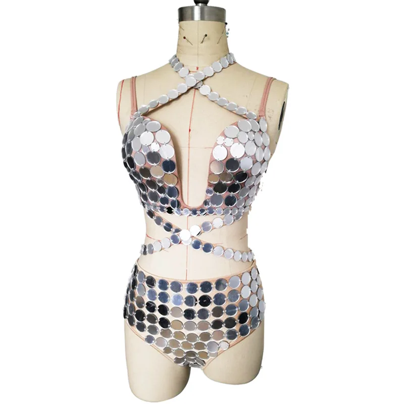 Traje con lente de espejo plateado, máscara de zorro, mujer de negocios, disfraces sexys para actuación en discoteca, ropa de fiesta para chica, escenario, DJ