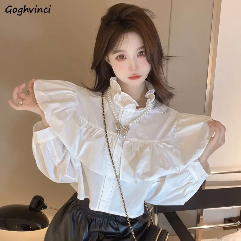 

Shirts Women Chic Solid White Stand Collar Ruffles Folds Fall Newly Trendy All-match Loose Gentle Shirt Sleeve French Style Ins