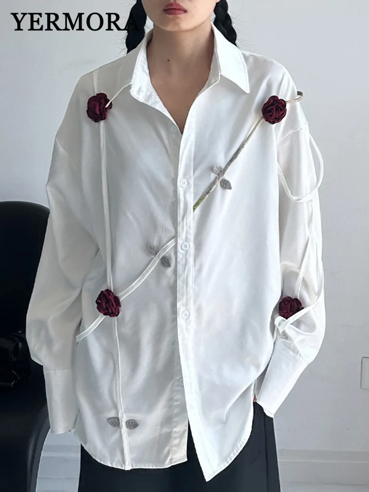 

YERMORA Повседневная блузка с белыми цветами и пуговицами для женщин, свободная новая рубашка с длинными рукавами и лацканами, модная весна-осень 2025