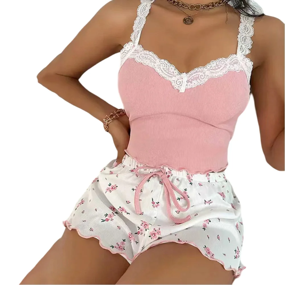 المرأة بيجامة مجموعة الدانتيل الخامس الرقبة مثير الحمالات سترة مطبوعة السراويل Homewear مجموعة