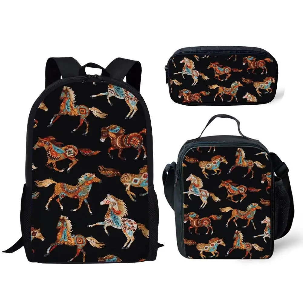 Classic Fashion Funny Tribal Colored Horses 3D Print 3pcs/Set pupil School Bags Laptop Daypack Backpack Lunch bag Pencil Case