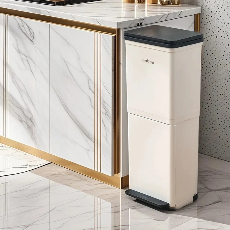 

‌Japanese Dual Compartment Step Trash Can - Odor-Proof Wet/Dry Separation for Kitchen Food Scraps & Home Waste Organizing