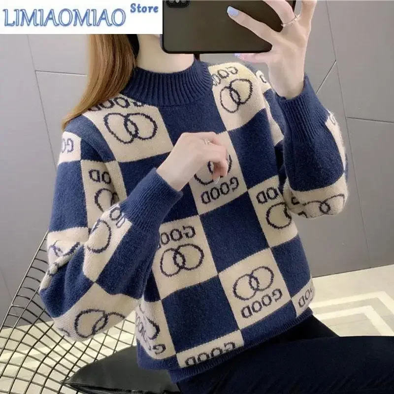 

Autumn and Winter Fashion Trends Half High Collar Colored Jacquard Loose Versatile Casual Western Style Women's Knitted Sweater