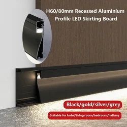 H60/80mm Aluminium Profile LED Skirting Board Milky Cover Diffuse Channel Recessed Wall Mount Baseboard Linear Hard Strip Light
