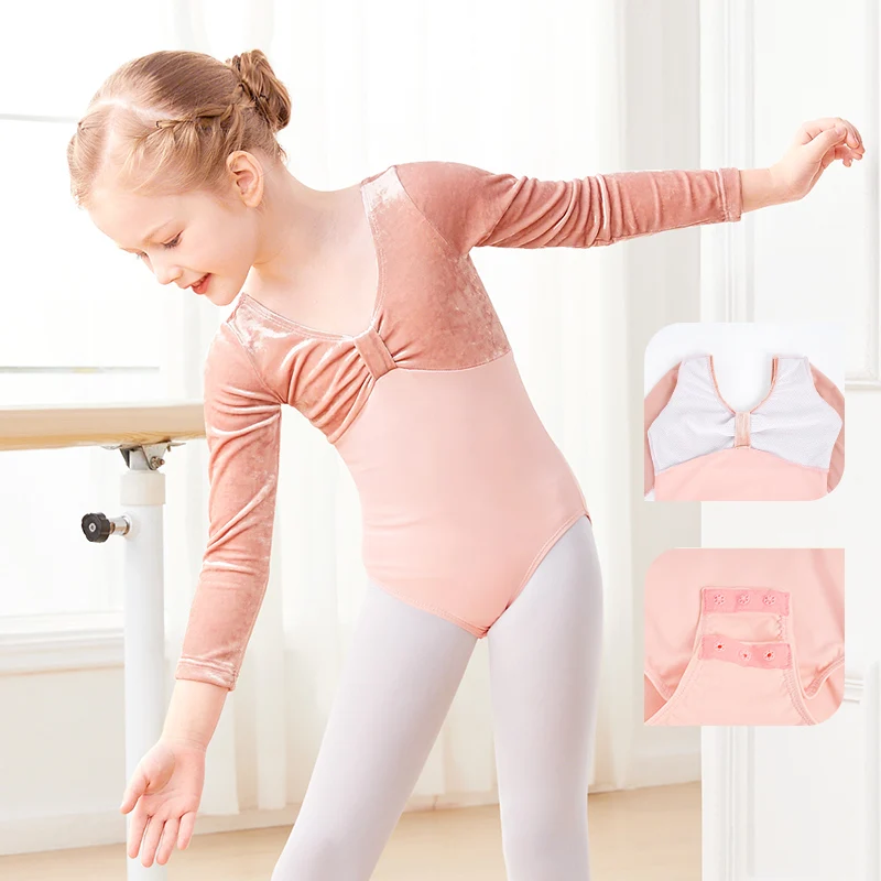 Kids Girls Ballet Leotards Long Sleeve Velvet Splice Dance Bodysuits Nylon Warm Ballet Dance Costumes