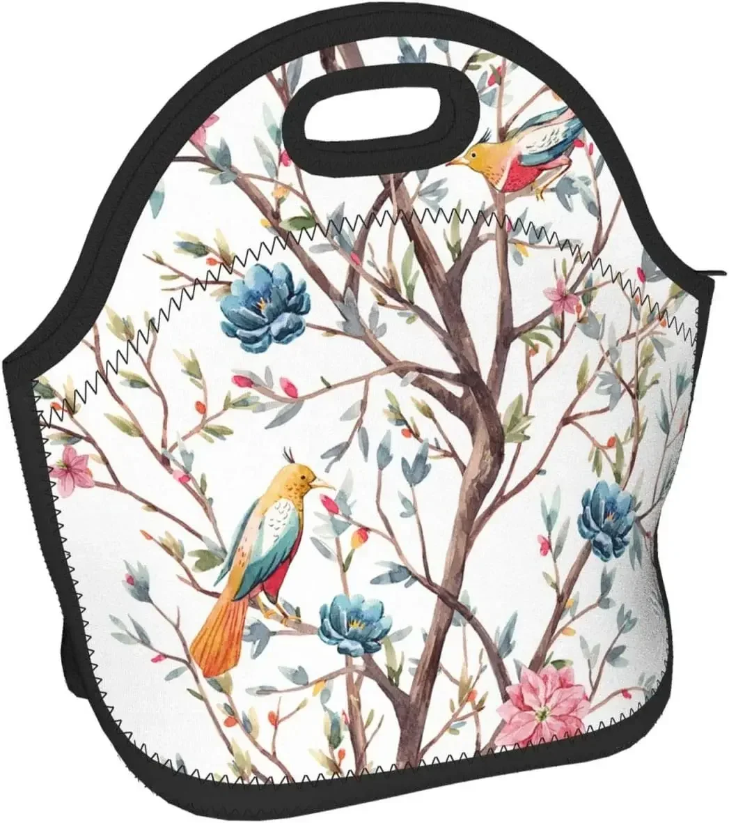 Watercolor Spring Flowering Tree Insulated Neoprene Lunch Bag With Beautiful Feathers Birds Pink And Blue Flowers Tote