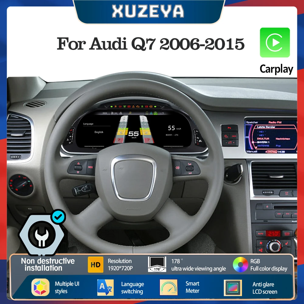 Virtual Cockpit LCD Digital Instrument Cluster For Audi Q7 2006-2015 CarPlay Android Auto Speedometer, Dashboard, Plug & Play